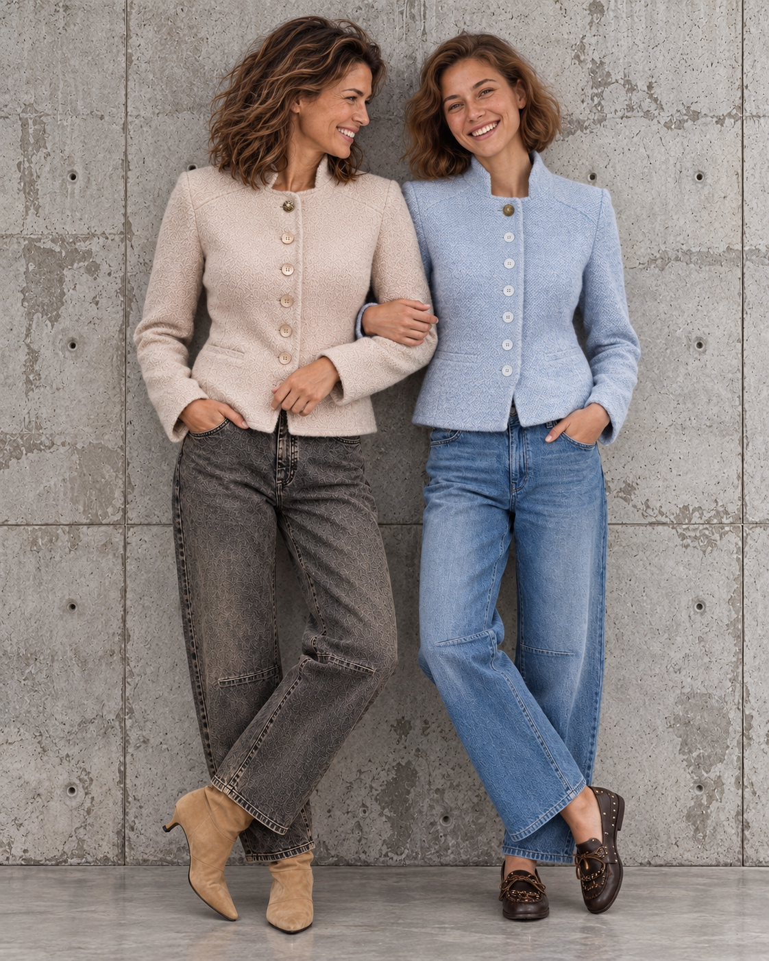 Two models in cream and sky blue jackets together against a concrete wall
