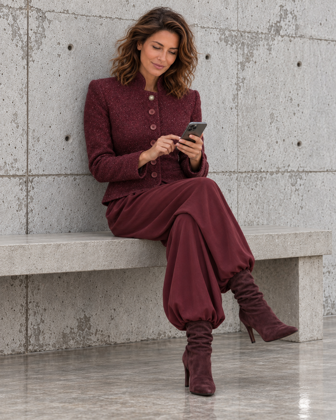 Model in a deep port jacket seated on a concrete bench