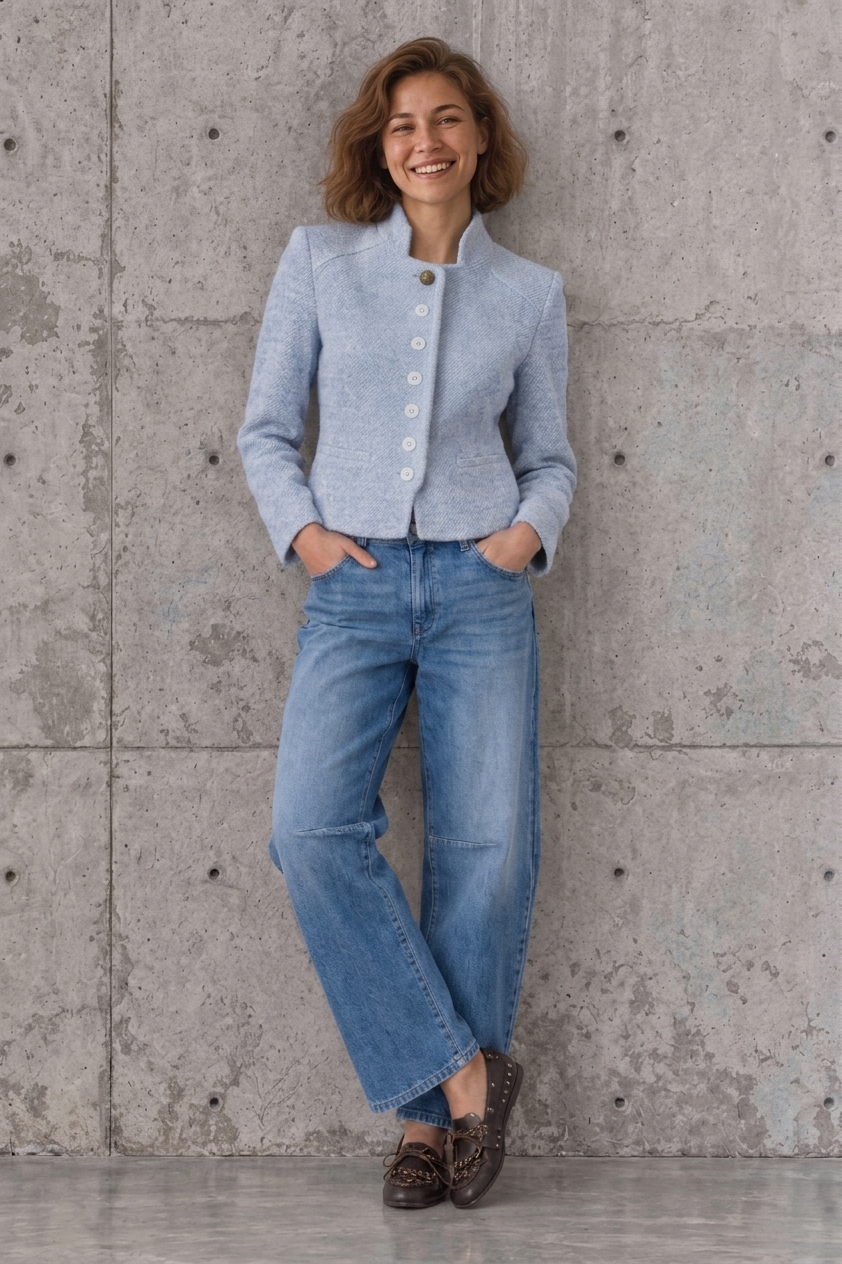 Model in a sky blue jacket standing against a concrete wall