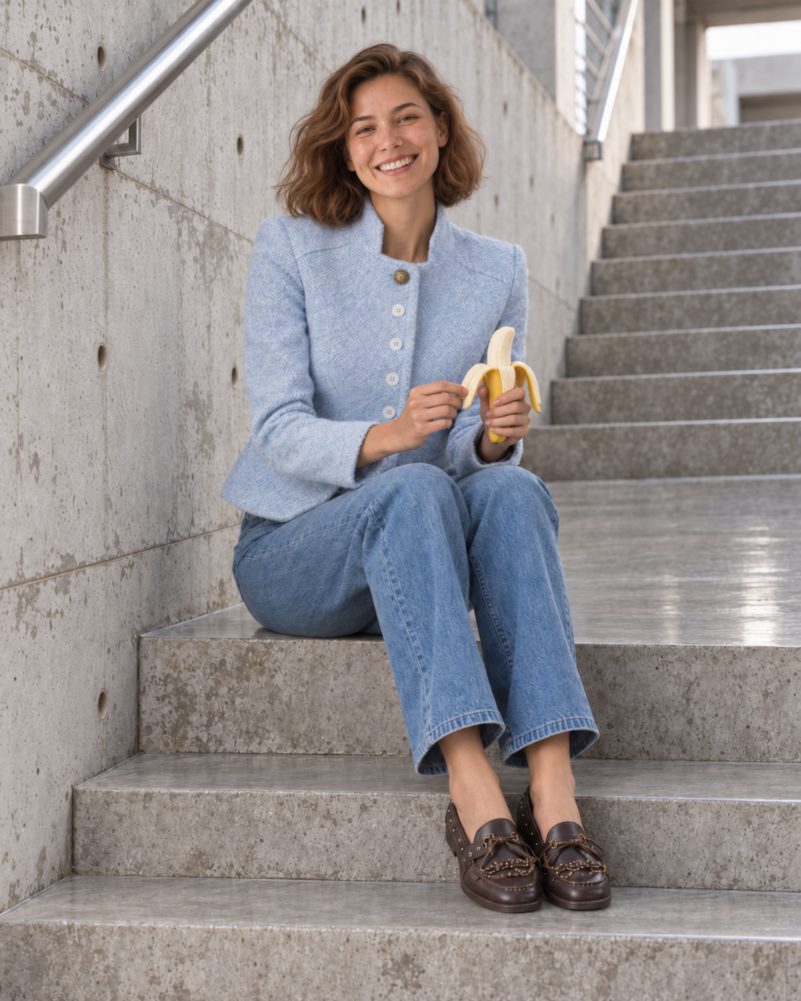 Model in a sky-blue jacket seated on concrete subway stairs