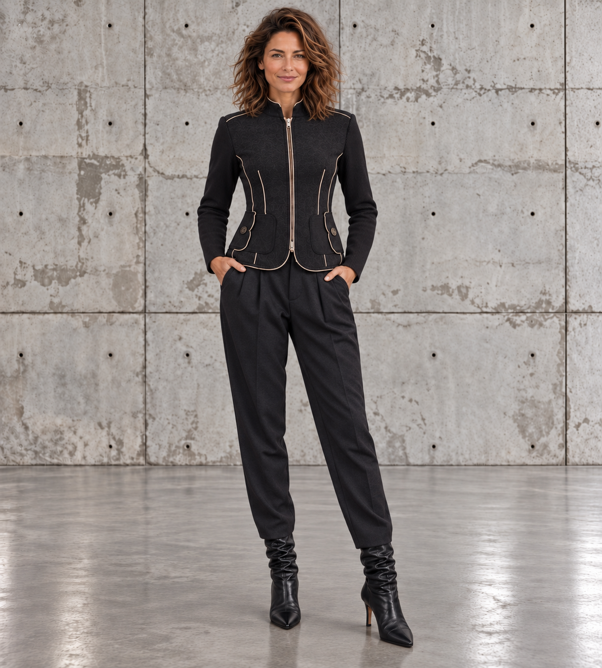 Model wearing the black jacket with gold piping