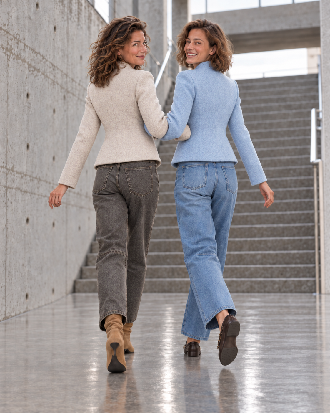 Models in cream and sky-blue jackets walking toward concrete stairs